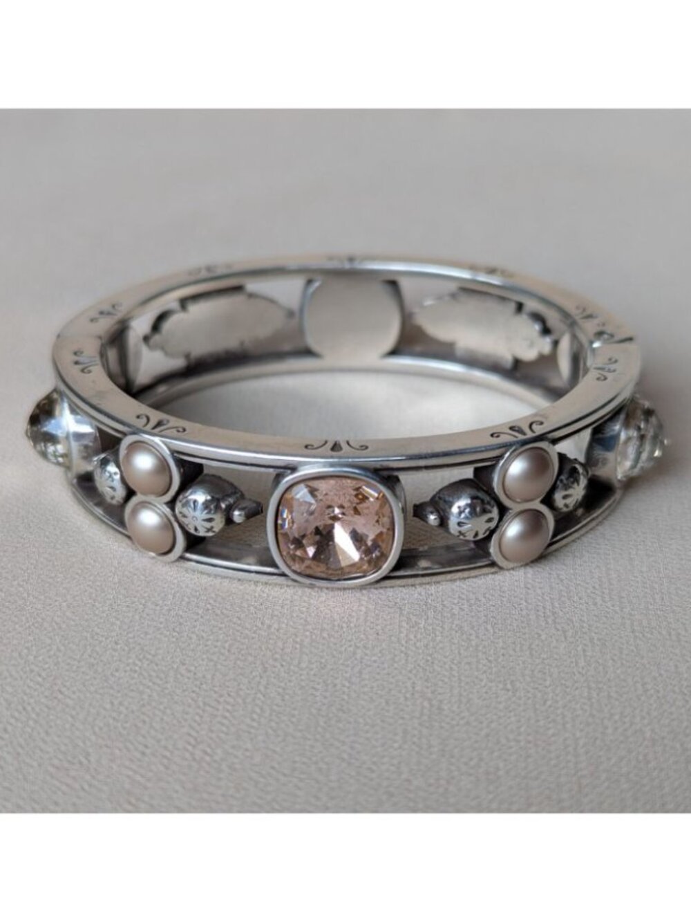 BRIGHTON Selene Silver Tone Crystals and Faux Pearl Oval Hinged Bracelet